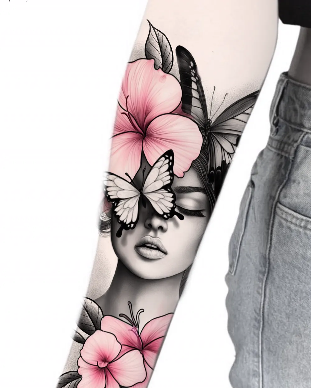 Exclusivo: rostro con mariposas e hibiscos a color